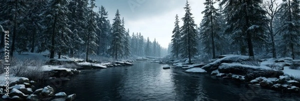 Fototapeta  Winter cloaks the forest in white as a dark river flows quietly through snow and frozen evergreens.  