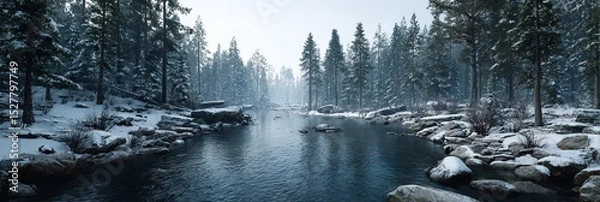 Fototapeta A cold, dark river winds through a snow-covered forest, surrounded by silent pine trees under a winter sky. 