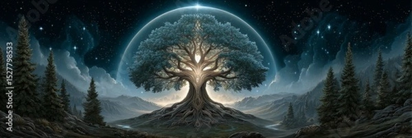 Fototapeta  A majestic tree of light reaches toward the sky, glowing with divine energy at the end of a quiet, sand-covered trail. 