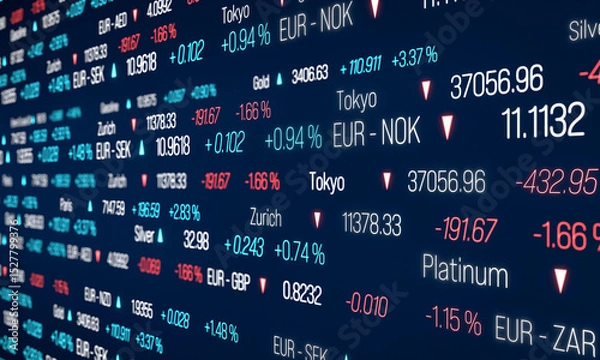 Fototapeta Close up ticker board with prices, stock market and exchange, stock index data, currency rates and commodity prices. Ticker board, business, trading, price change, market data. 3D illustration