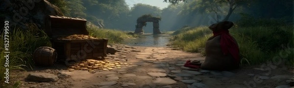 Obraz Golden coins spilling from weathered treasure chest near ancient stone bridge, nestled within mystical forest landscape, rendering magical adventure setting