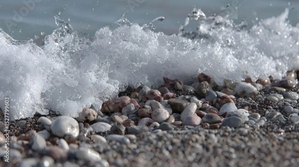Obraz Close-up of crystal-clear wave washing over smooth pebbles on a sunny beach, creating relaxing and peaceful atmosphere