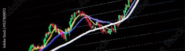 Obraz Stock market graph showing upward green lines climbing on glossy black screen, representing financial growth and investment performance