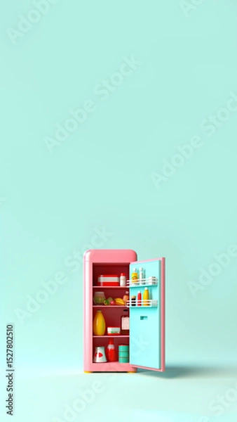 Obraz Vertical cartoon of an open, modern refrigerator filled with healthy food. Features a fun pink and blue color palette, ideal for diet-focused Reels and Stories