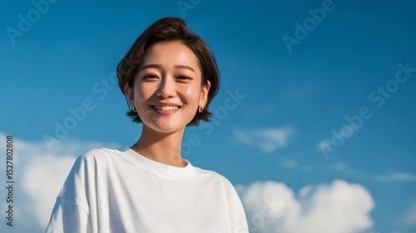 Obraz Cheerful Japanese woman smiling, bright blue sky highlighting fluffy white clouds surrounding her