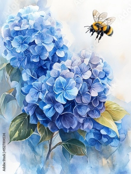 Obraz hydrangea in blue tones, a bumblebee flying. Flower Watercolor Hand Drawn Design Modem Fashion Colors Elegant Look Perfect for Allover Print Background