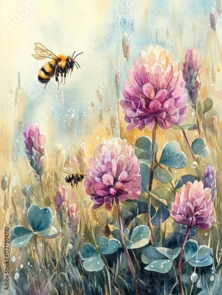 Obraz Watercolor illustration, clover in dewdrops in a meadow, a bumblebee flying