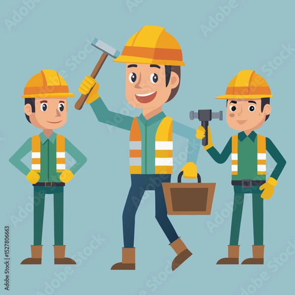 Fototapeta Construction Worker Character Set in Different Poses