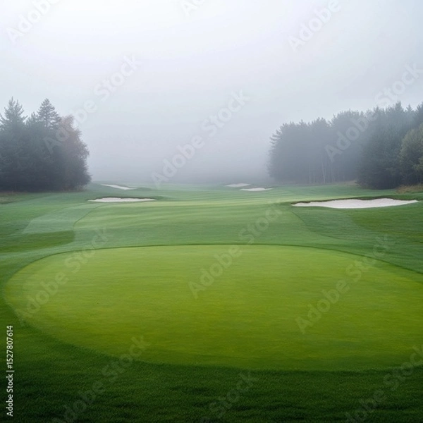 Obraz Foggy Golf Course Landscape with Sand Traps and Green, fairway , trees