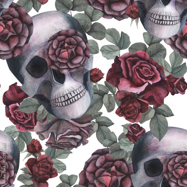 Obraz Seamless pattern Scull and dark roses flowers and leaves isolated on white background. Watercolor hand drawn illustration. Art design mystical graphics Halloween witch fabric and textile decoration