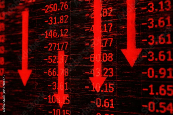 Fototapeta Stock market decline inflation recession concept with red arrows pointing down and negative numbers on digital screen showing economic downturn and financial loss