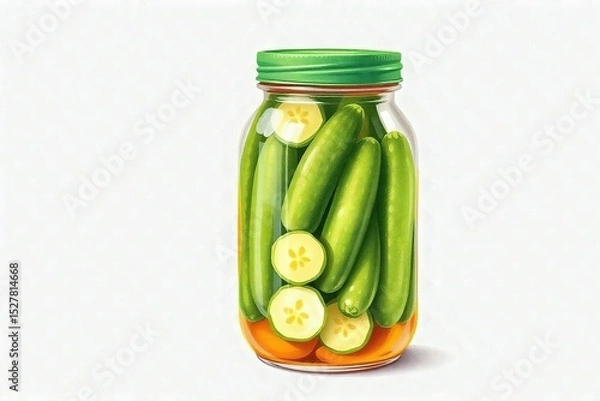 Fototapeta pastel Illustration of a jar with pickled cucumbers on a white isolated background
