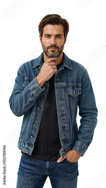 Fototapeta Man with beard wearing a denim jacket and black shirt posing with hand on chin in front of black background on transparent background