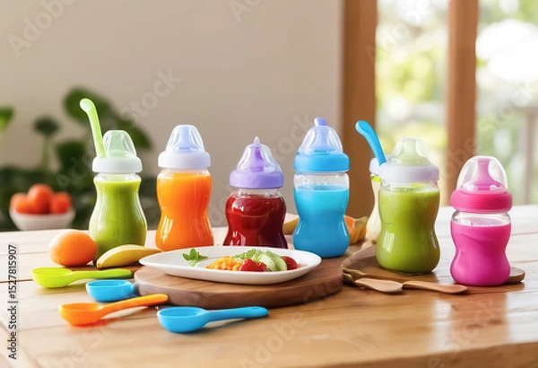 Obraz An image depicting a selection of baby feeding products arranged on a wooden surface with a light, natural background. 