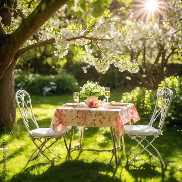 Obraz A garden table set for two in the shade of spring flowering trees.