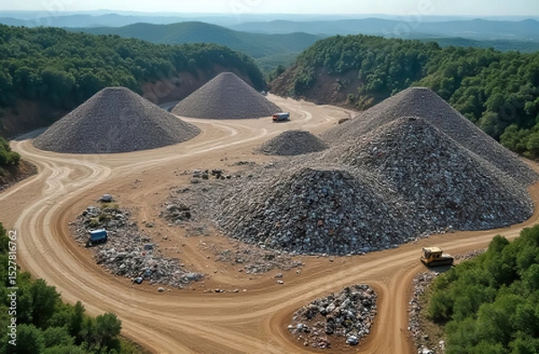 Obraz A bird's-eye view of a large landfill with different areas for different types of waste.