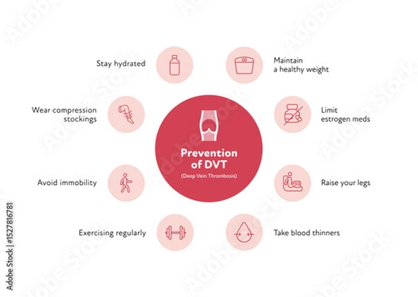 Obraz Deep vein thrombosis for healthcare infographic. Vector outline icon set illustration. Prevention of DVT. Blood vessel with thromb symbol. Design for health care, education
