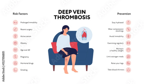 Obraz Deep vein thrombosis for healthcare infographic. Vector flat character illustration with icon set. Risk factors and prevention. Woman sit with DVT symbol on leg. Design for health care, education