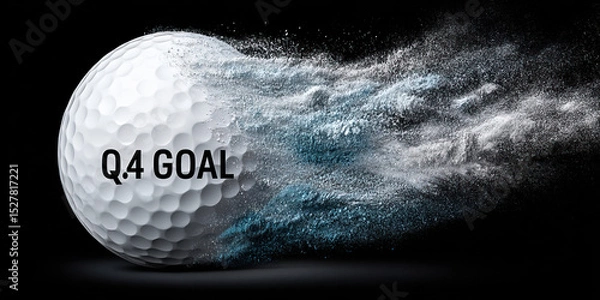 Fototapeta Golf ball Q.4 goal hitting target with digital goal text and dynamic powder explosion effect on black background