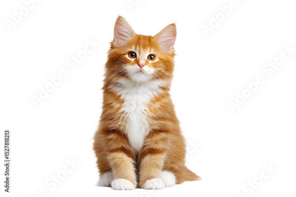 Fototapeta Adorable orange and white fluffy kitten sitting isolated on transparent background
