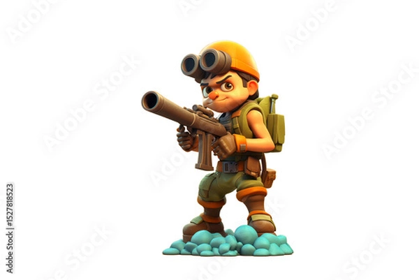 Fototapeta A cartoon soldier, wearing a hardhat and backpack, holds a large gun. background removed