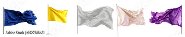 Fototapeta Collection of waving fabric flags in blue, yellow, gray, pink and purple isolated on transparent background