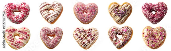 Fototapeta Set of valentine heart donuts with pink and chocolate icing and toppings from top view on white isolated on background