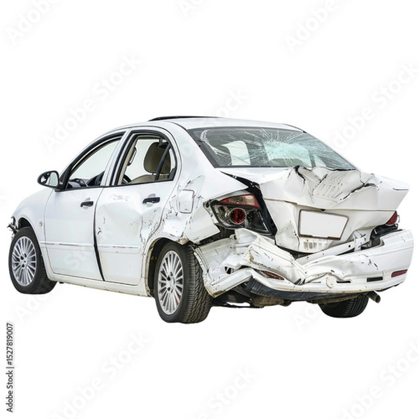 Fototapeta Severely damaged white sedan, rear view, showcasing extensive collision damage. background removed