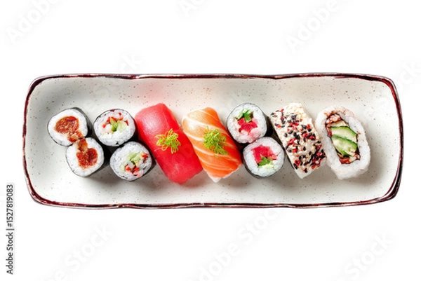 Fototapeta Variety of sushi rolls and nigiri on ceramic plate top view isolated on transparent background