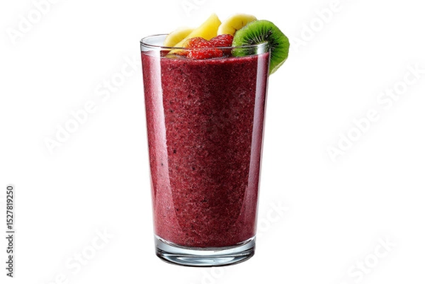 Fototapeta Berry smoothie in clear glass with fresh kiwi, banana, and mango garnish isolated on transparent background