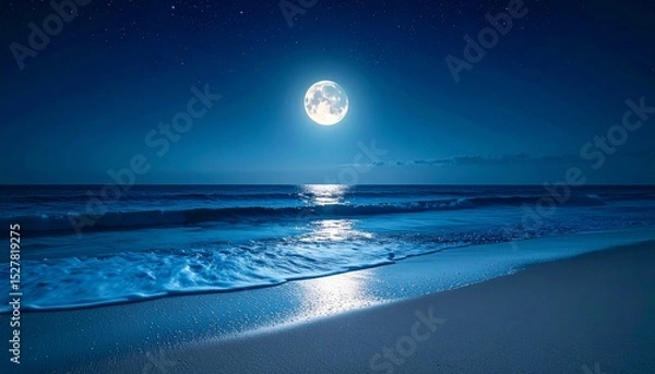 Obraz Quiet midnight ocean view with moonlight casting icy blue glows across gentle tides and silent sandbankse
