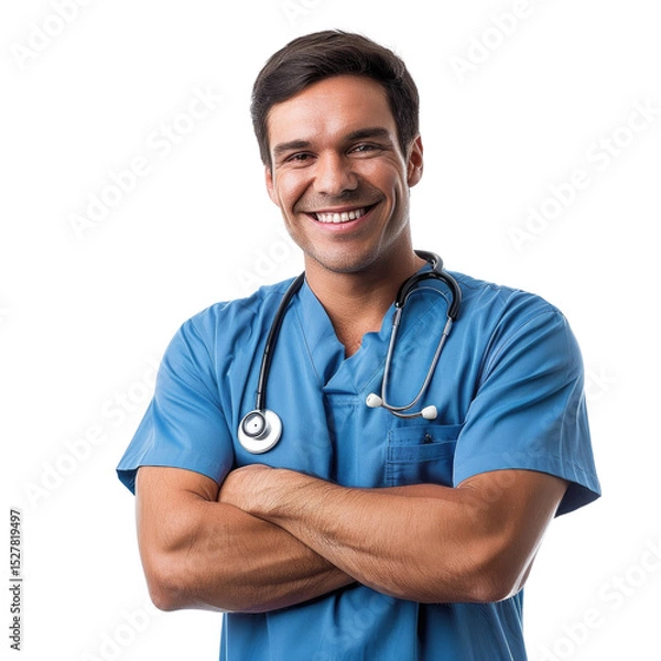Fototapeta Smiling male doctor in scrubs with stethoscope, arms crossed, conveys confidence and care. background removed