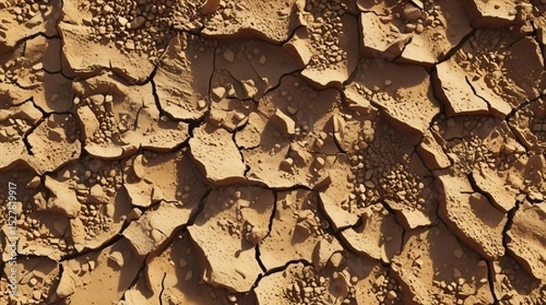 Fototapeta Close-up of cracked dry earth surface with natural patterns of desert soil showing signs of drought, climate change, and environmental degradation.