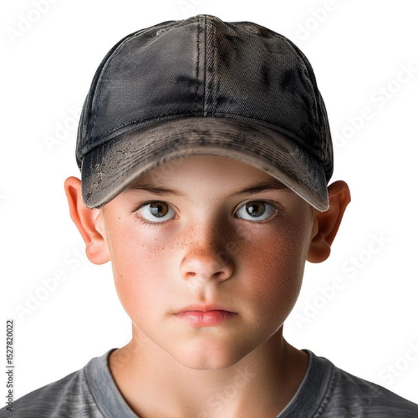 Fototapeta Portrait of a boy with freckles wearing a worn-out baseball cap, serious expression. background removed