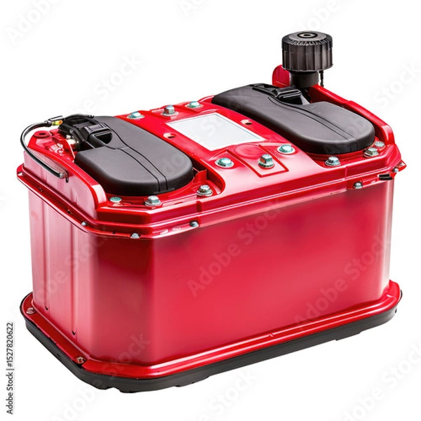 Fototapeta A red, industrial-looking battery with black components and a vent cap. background removed