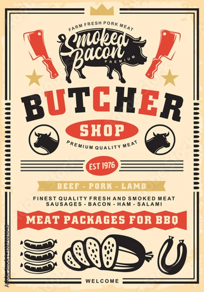 Obraz Retro flyer design for butcher shop. Fresh and smoked meat advertisement. Food vector illustration.