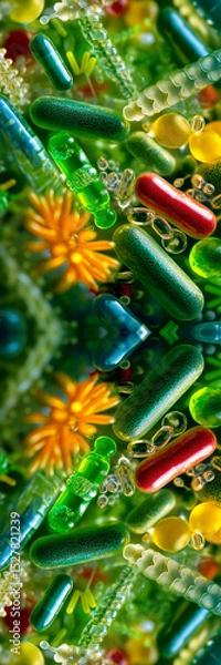 Obraz Vertical close-up of a green representation of the gut microbiome, highlighting the immune system and bacteria for health-focused Reels