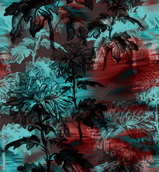 Fototapeta Floral dramatic seamless pattern of chryzanthemums flowers with blurred vision effect in dark tones. For allpaper, bedding, textile, apparel fabric, poster, package.