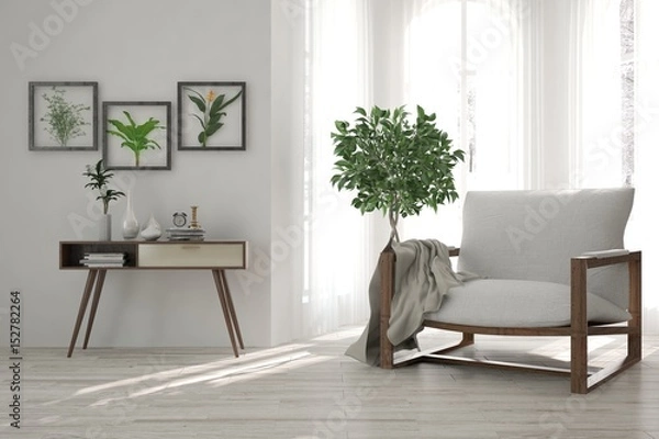 Fototapeta White modern room with armchair. Scandinavian interior design. 3D illustration