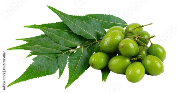 Fototapeta Green Neem leaves are arranged with unripe green fruit on a branch. They are isolated on a transparent background, creating a cut out effect