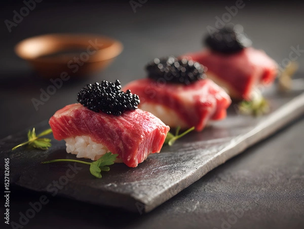Fototapeta Wagyu beef sushi with thinly sliced seared wagyu laid over Japanese rice, topped with black caviar.