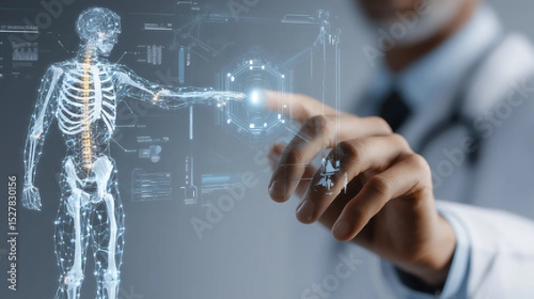 Fototapeta Medical professional interacting with a holographic skeleton display, showcasing advanced technology in healthcare, emphasizing innovation and digital diagnostics in a clinical environment
