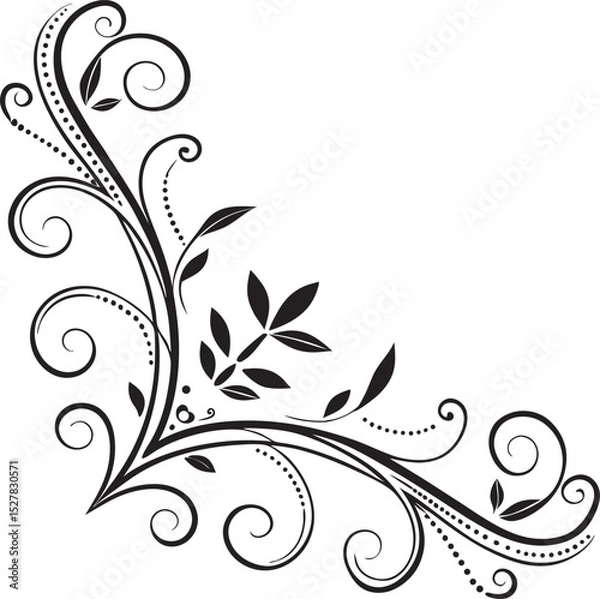 Obraz A graceful black and white floral design featuring elegant swirls and dotted accents creates a beautifully ornate decorative corner border element.