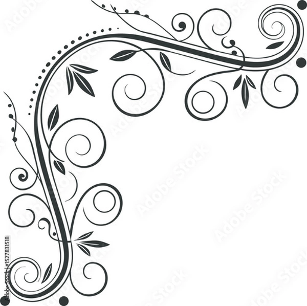 Obraz A graceful black and white floral design featuring elegant swirls and dotted accents creates a beautifully ornate decorative corner border element.