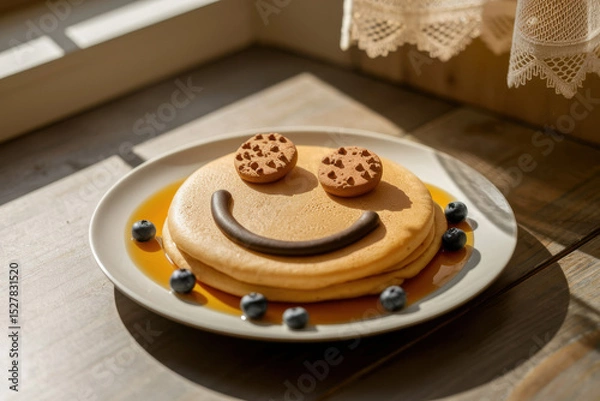 Fototapeta Creative pancake art with smile face and blueberries in sunlit kitchen