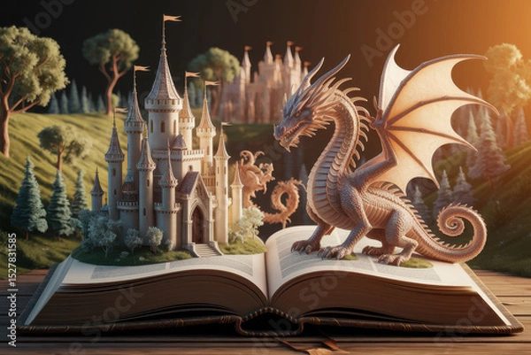 Fototapeta Fantasy castle and dragon on storybook: enchanting 3d art forest scene