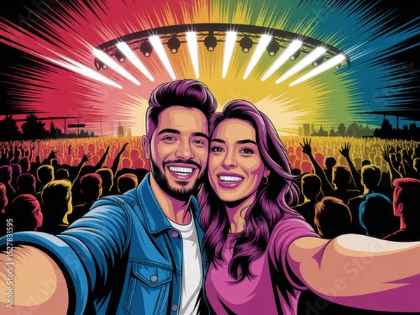 Fototapeta Vibrant concert selfie capturing joyous crowd under colorful stage lights