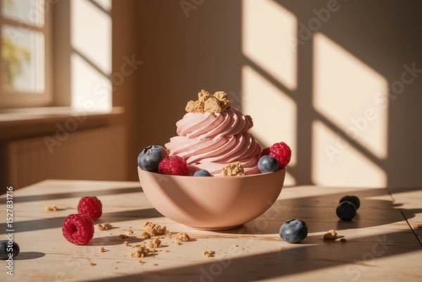 Fototapeta Sunlit berry frozen yogurt in ceramic bowl with fresh raspberries and blueberries