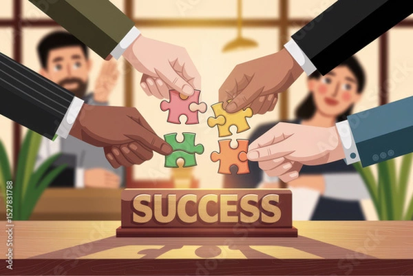 Fototapeta Teamwork and collaboration concept with puzzle pieces and success symbol