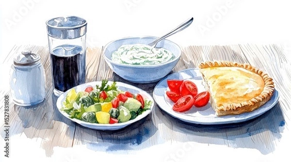 Obraz A delightful watercolor painting showcases a selection of traditional Greek food including a savory pie, vibrant salad, creamy tzatziki, and a refreshing dark beverage perfectly